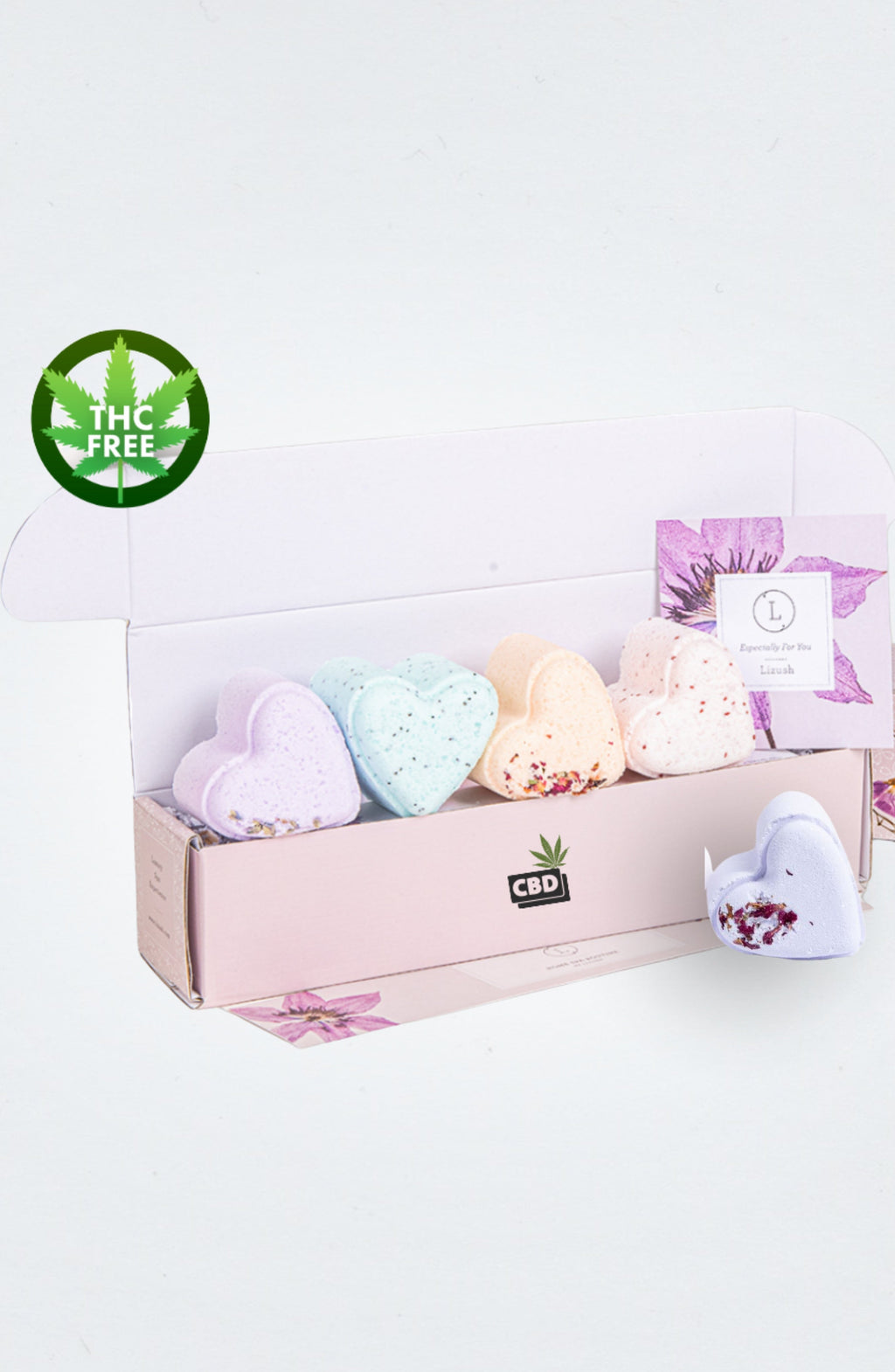 Coffret cadeau de 5 pastilles de douche CBD à la lavande en forme de cœur