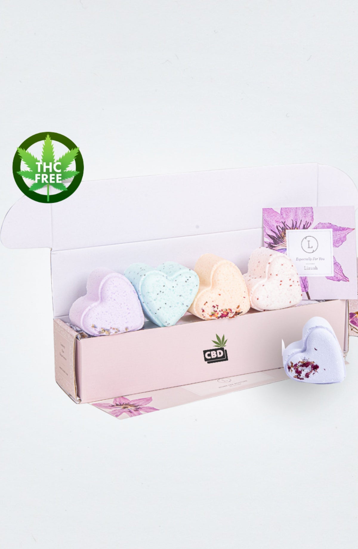 Coffret cadeau de 5 pastilles de douche CBD à la lavande en forme de cœur