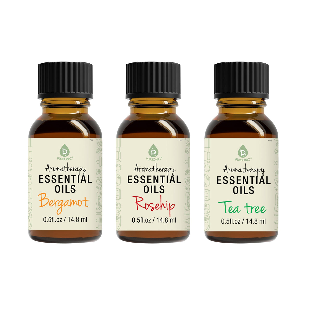 Huiles essentielles pour l'aromathérapie (bergamote, rose musquée, arbre à thé)
