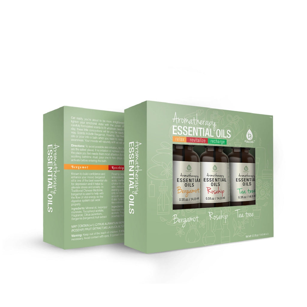 Huiles essentielles pour l'aromathérapie (bergamote, rose musquée, arbre à thé)